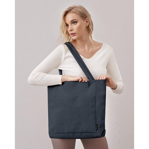 Women Grey Corduroy Large Shoulder Tote Shopping Bag with Zipper and Pockets - Picture 7 of 13